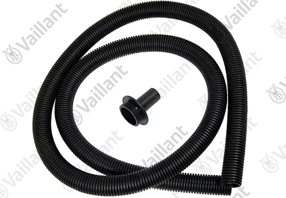 Schwarzer flexibler Schlauch mit Anschlussstück, geeignet als Zubehör von Vaillant Produkten.